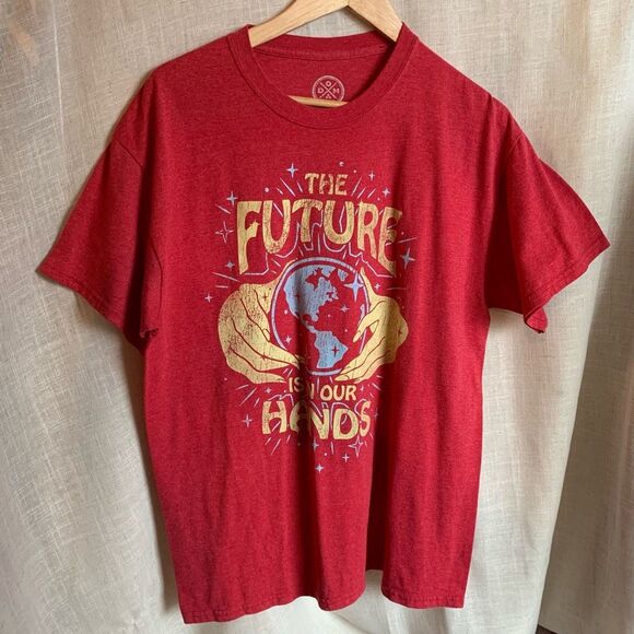 Vintage DOM Graphic Tee Mens Large Red The Future Is in Your Hands Earth 90s Y2K - Picture 1 of 13